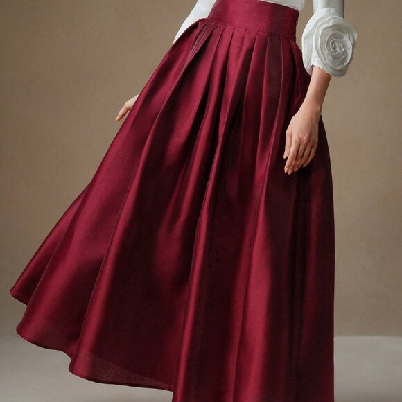 Burgundy Elegant Women's High Waisted Puff Princess Style Skirt Maxi - Picture 6 of 7